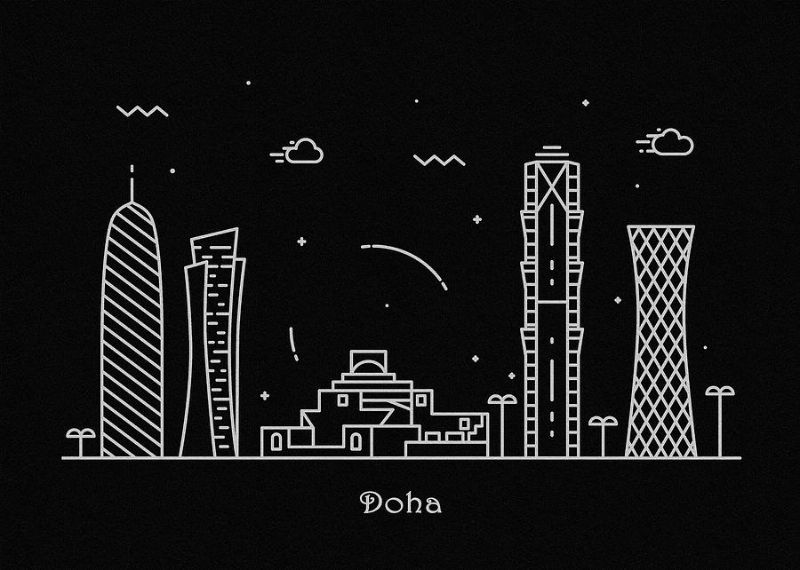 Doha Skyline Travel Poster Drawing by Inspirowl Design