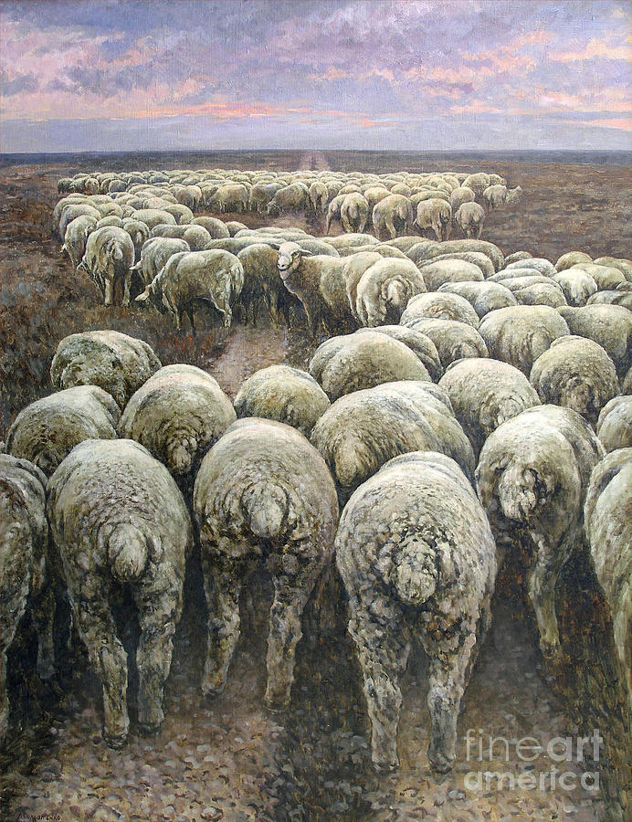 Sheep Painting - Dollar or Philosophy of the crowd in pursuit of profit by Andrey Soldatenko
