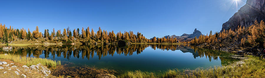 Dolomites. Autumn Panorama Of Lake Federa. Magical Autumn Atmosphere Photograph