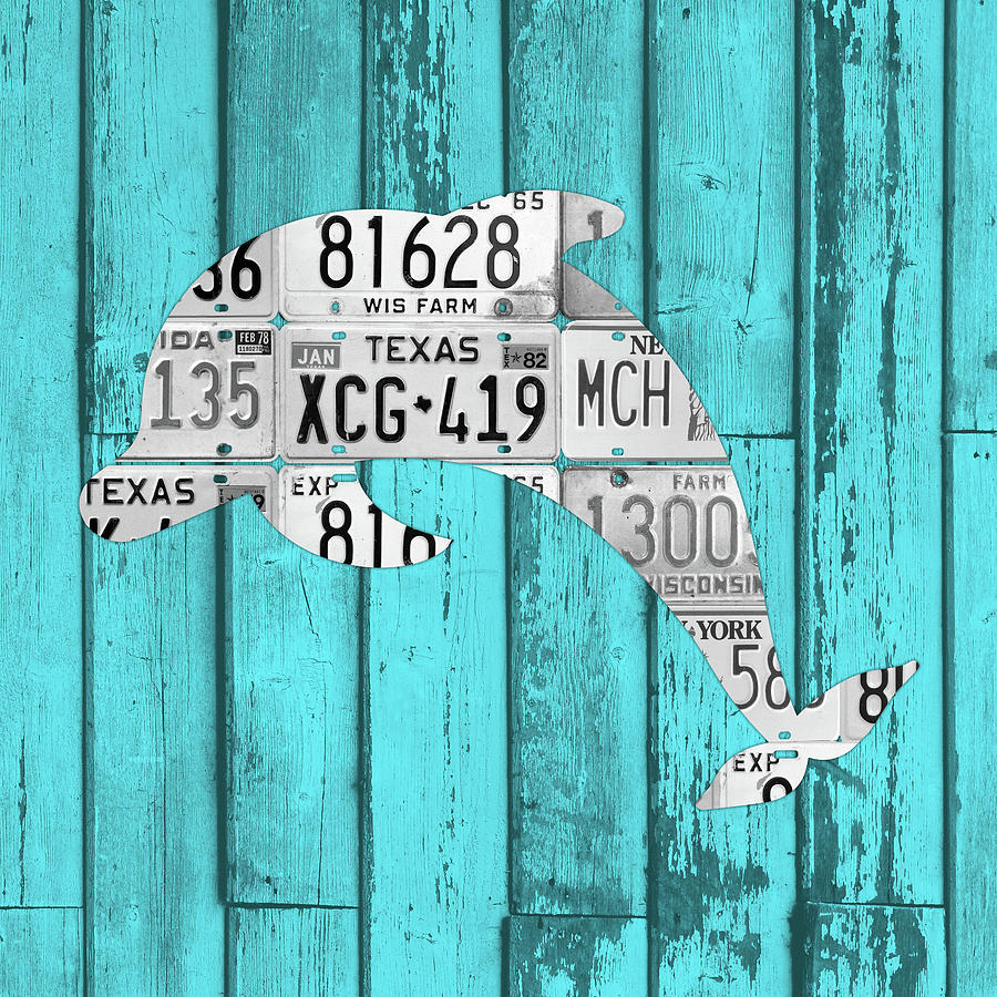 Vintage Mixed Media - Dolphin in License Plates Beach House Vintage Decor Series 004 by Design Turnpike