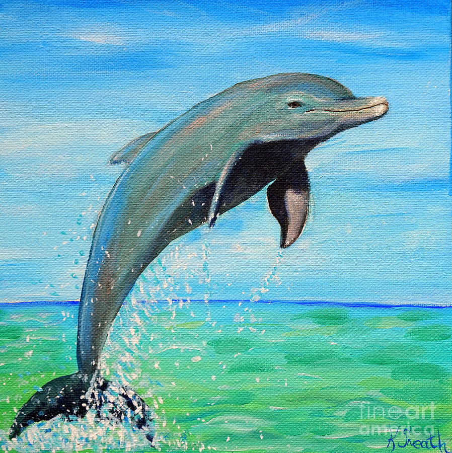 Dolphin Baby Original Acrylic Painting Blue Ocean with Dolphin Painting Dolphin Splashing Art Dolphin Above Water Painting