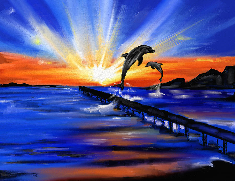 Dolphins Drawing - Dolphin Sunset by Terri Meredith.