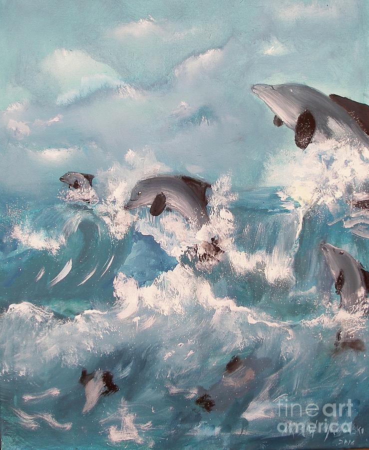 Dolphins At Play Painting by Miroslaw  Chelchowski