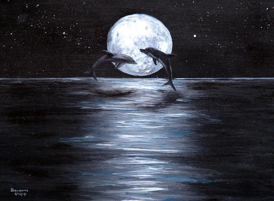 Dolphins Dancing Full Moon Painting by Bernadette Krupa