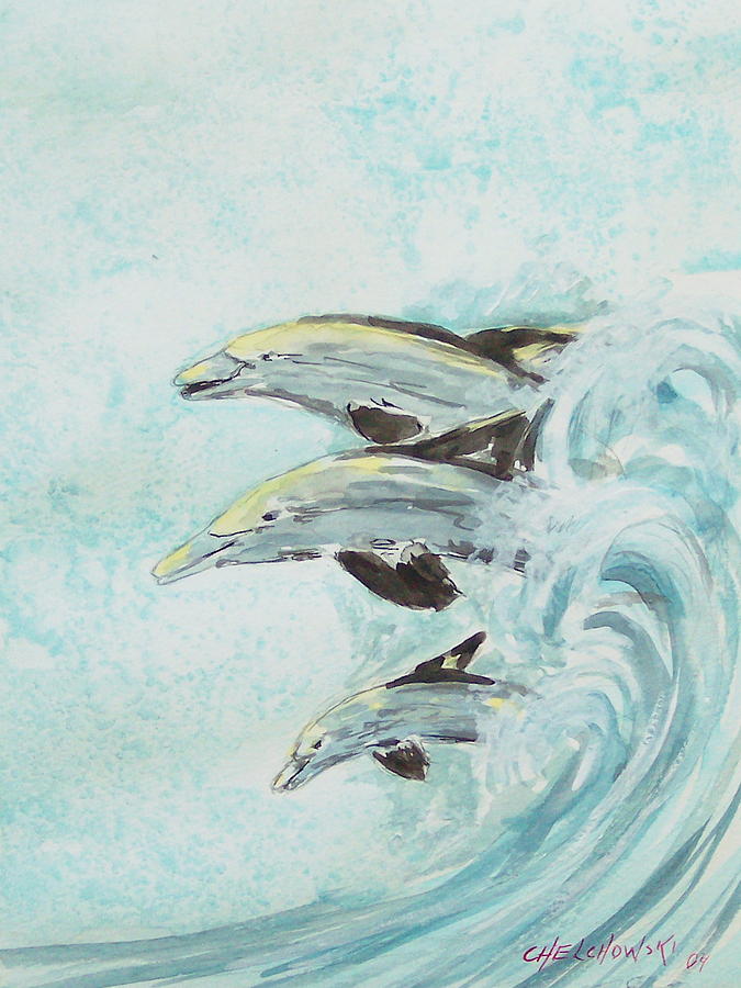 Dolphins Painting by Miroslaw  Chelchowski
