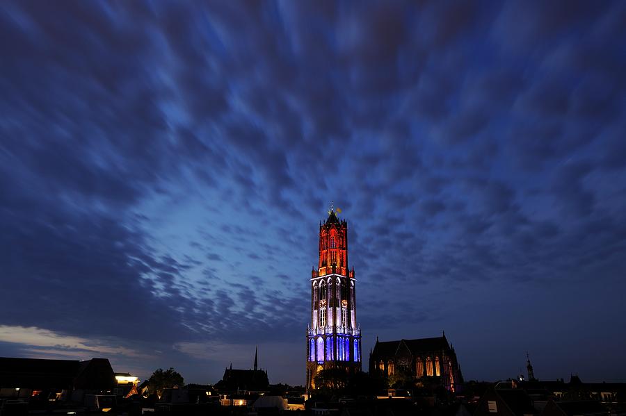 Dom Tower in colors Dutch flag in the evening 285 Photograph by Merijn Van der Vliet