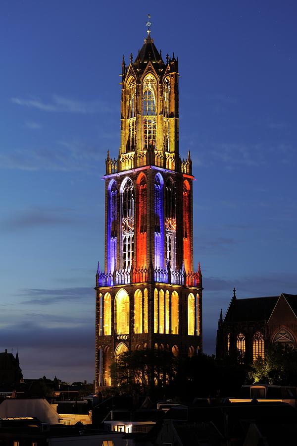 Dom Tower in Utrecht in colors French flag in the evening 287 Photograph by Merijn Van der Vliet