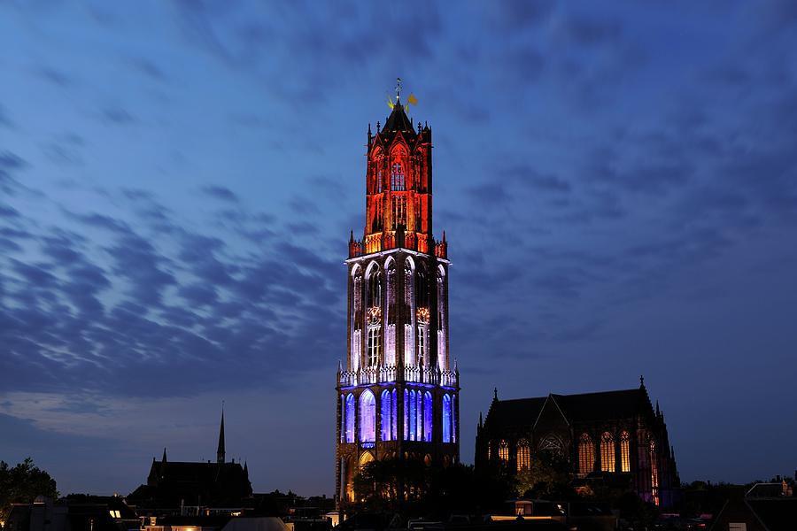 Dom Tower in Utrecht in red white and blue in the evening 283 Photograph by Merijn Van der Vliet