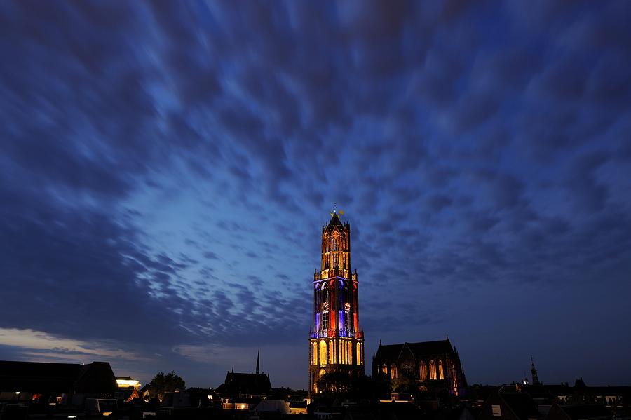 Dom Tower in yellow and colors French flag in the evening 284 Photograph by Merijn Van der Vliet