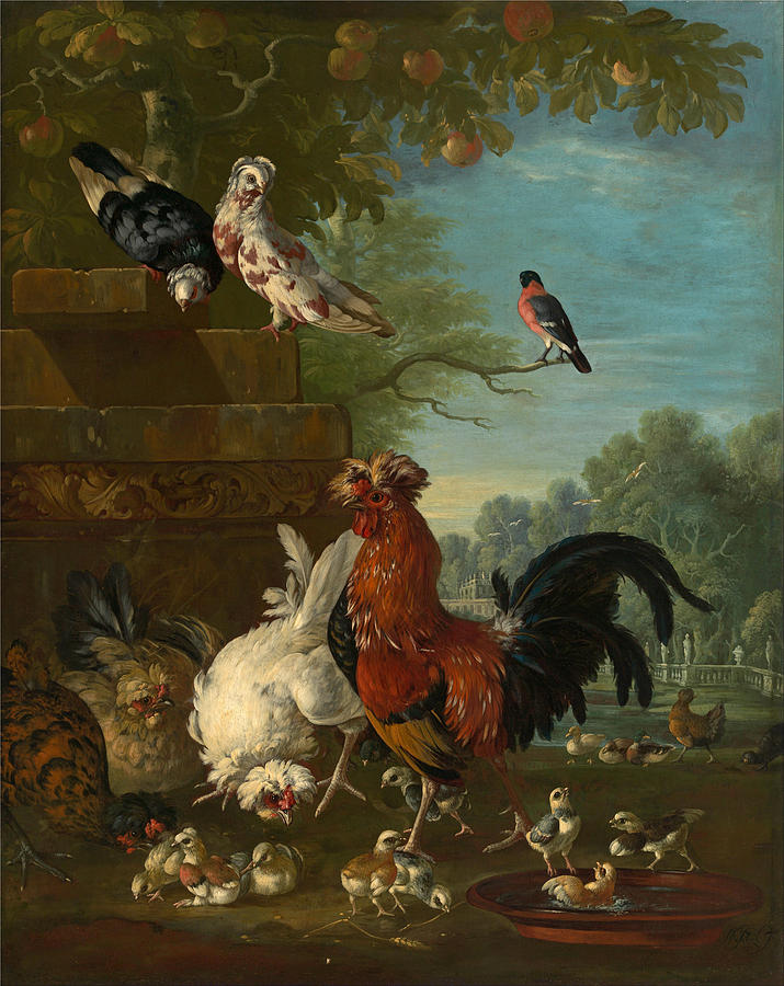 Domestic cock hens and chicks in a park Painting by Peter Casteels