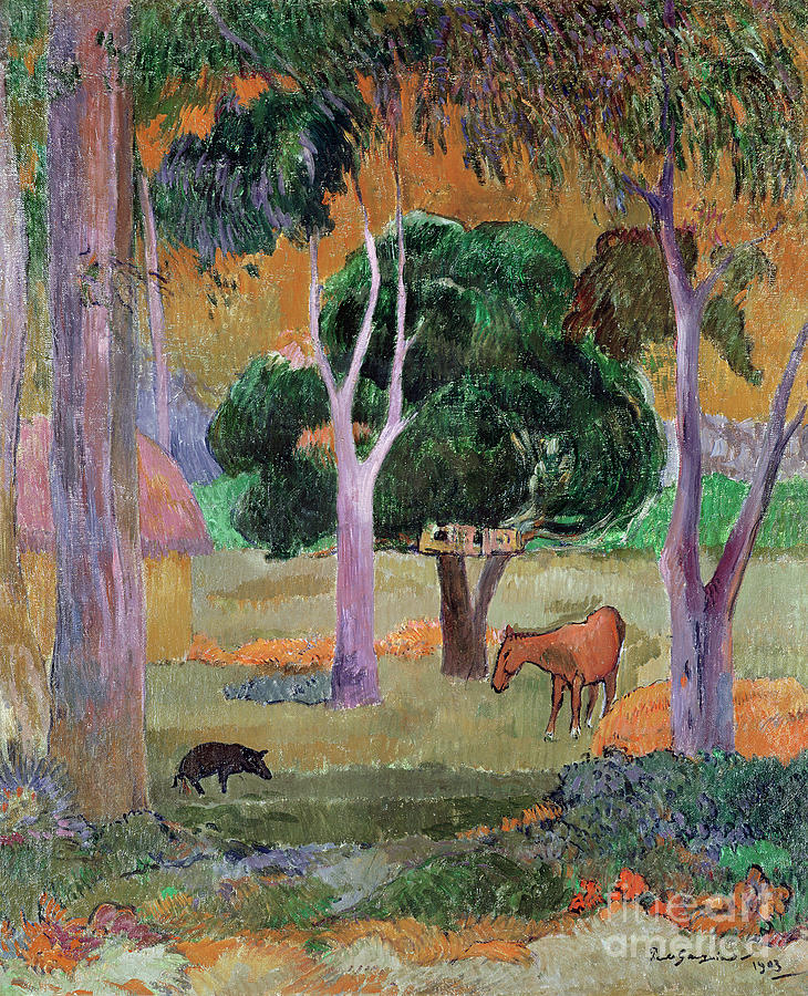 Paul Gauguin Painting - Dominican Landscape or, Landscape with a Pig and Horse, 1903 by Paul Gauguin