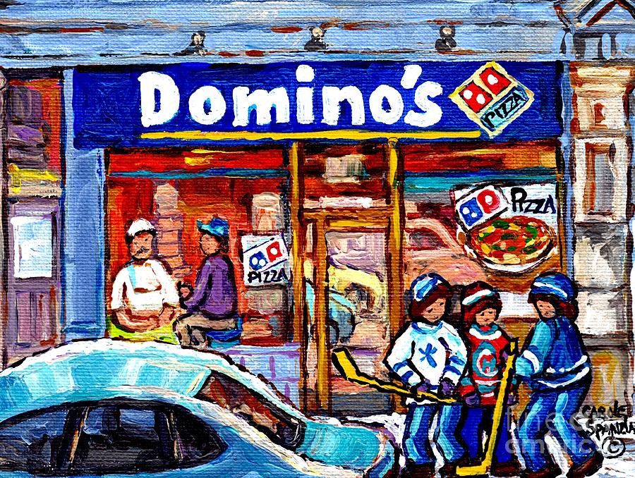 Dominos Pizza Montreal Storefront And Restaurant Painting Winter Hockey Scene Carole Spandau Art    Painting by Carole Spandau