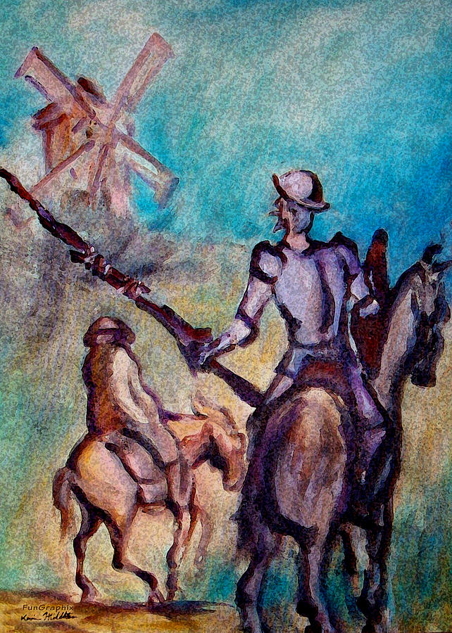 Don Quixote with Windmill Painting by Kevin Middleton