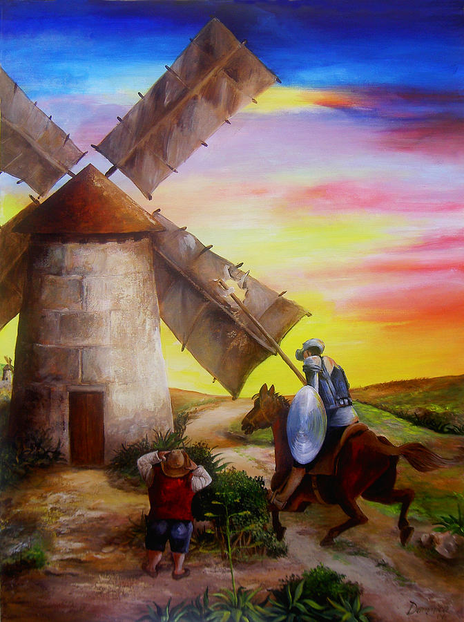 Don Quixote Painting - Don Quixotes Windmill Adventure by Dominica Alcantara