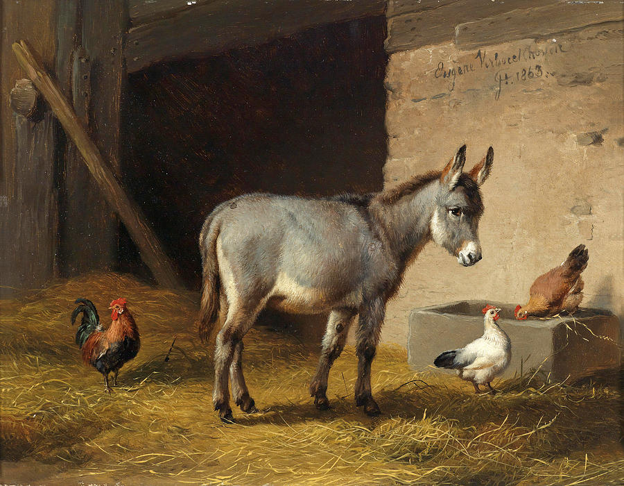 Donkey and chickens in the barn Painting by Eugene Verboeckhoven