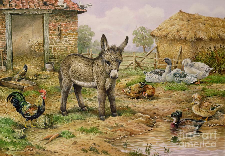 Donkey and Farmyard Fowl  Painting by Carl Donner