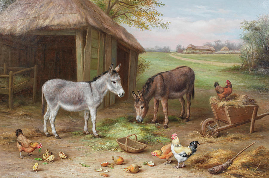 Donkey Painting - Donkeys and chickens in a farmyard by Edgar Hunt