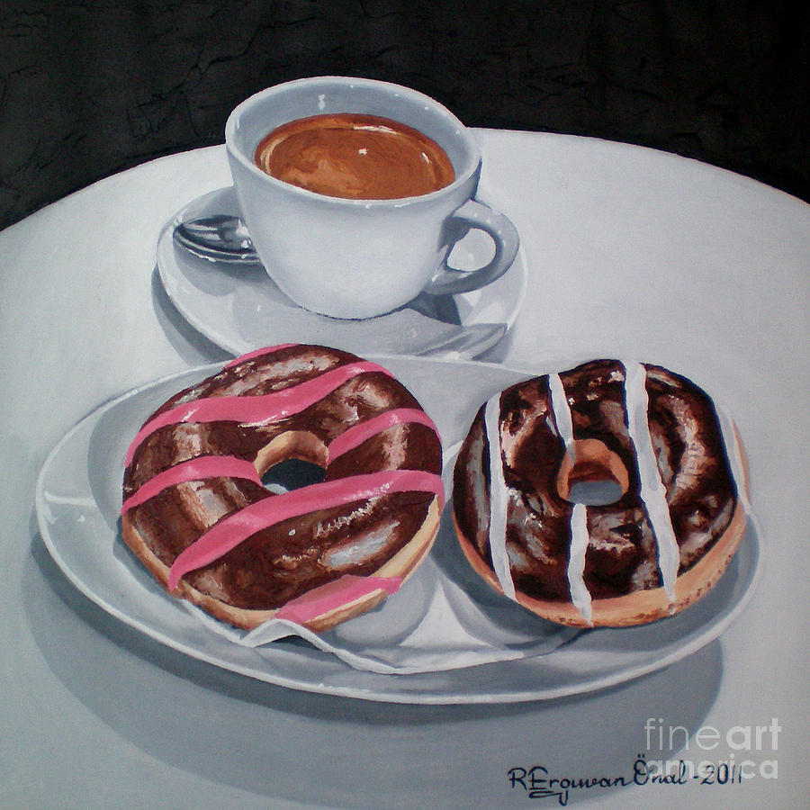 Coffee Painting - Donuts and Coffee- Donas y cafe by Rezzan Erguvan-Onal