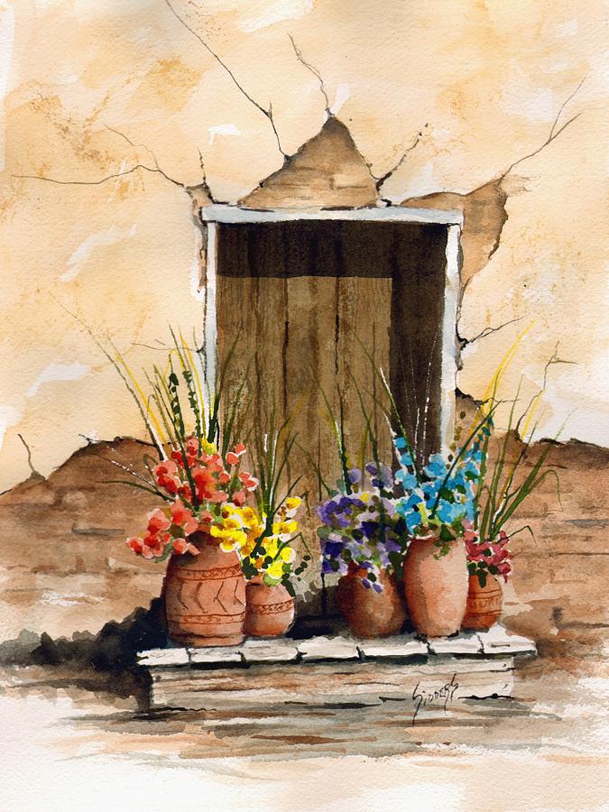 Door With Flower Pots Painting by Sam Sidders