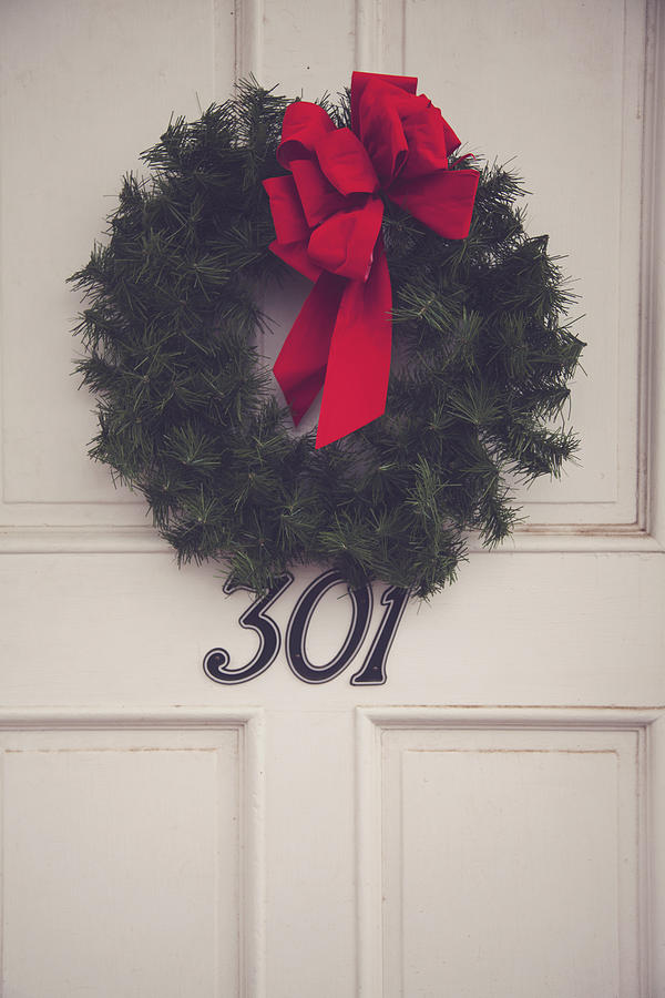 Door with Red Bow Wreath Photograph by Toni Hopper