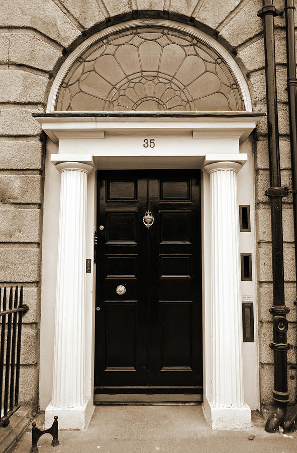 Doors of Dublin Georgian Style Black with Roman Columns Ireland Sepia Photograph by Shawn OBrien