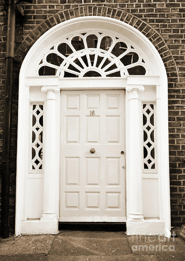 Doors of Dublin Ireland Classic Georgian Style with Columns and Ornate Transom Sepia Photograph by Shawn OBrien