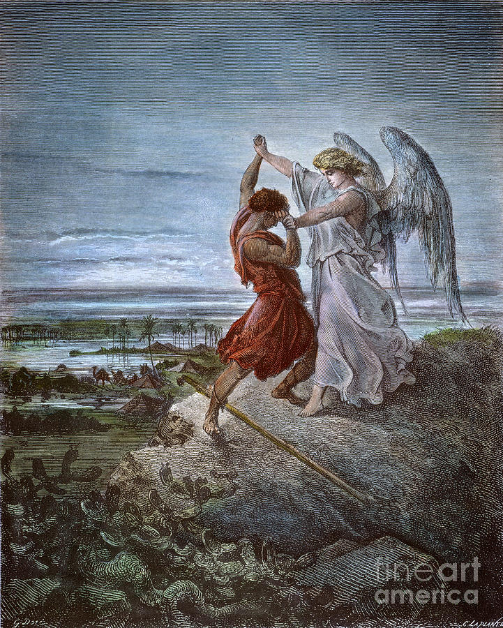 Jacob And The Angel Drawing by Gustave Dore