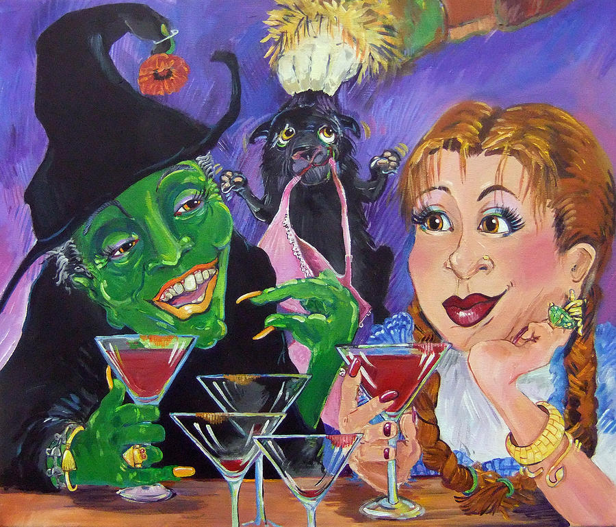 Dorothy and the Witch have one too many ruby slippers. Painting by Judi Krew
