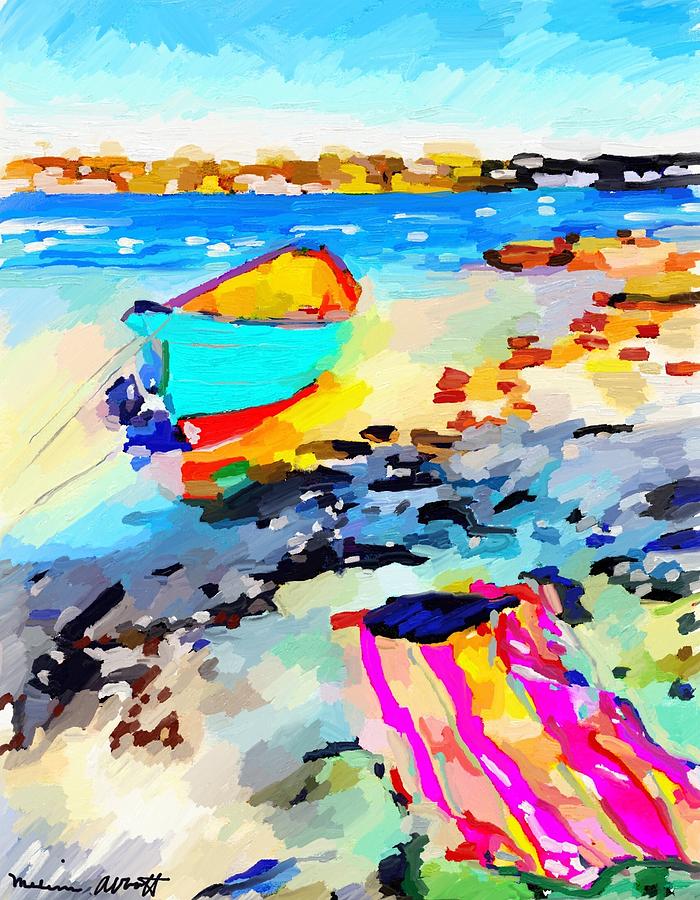 Dory and Beach Towel at Ten Pound Island, Gloucester, MA Painting by Melissa Abbott