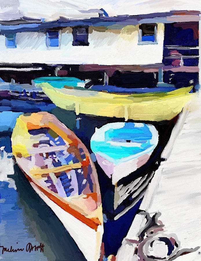Dory Dock at Beacon Marine Basin - East Gloucester, MA Painting by Melissa Abbott