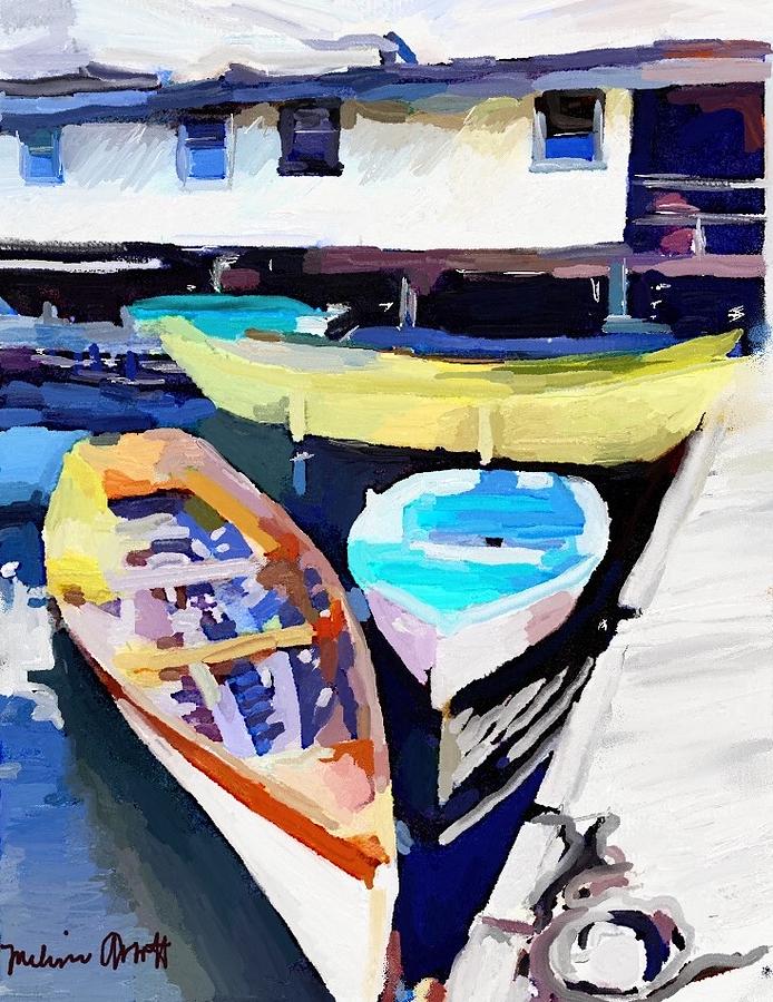 Yellow Dory Painting - Dory Dock at Beacon Marine Basin by Melissa Abbott