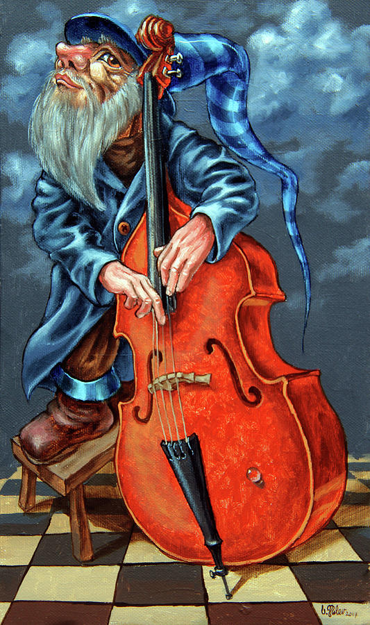 Double bass and bench Painting by Victor Molev
