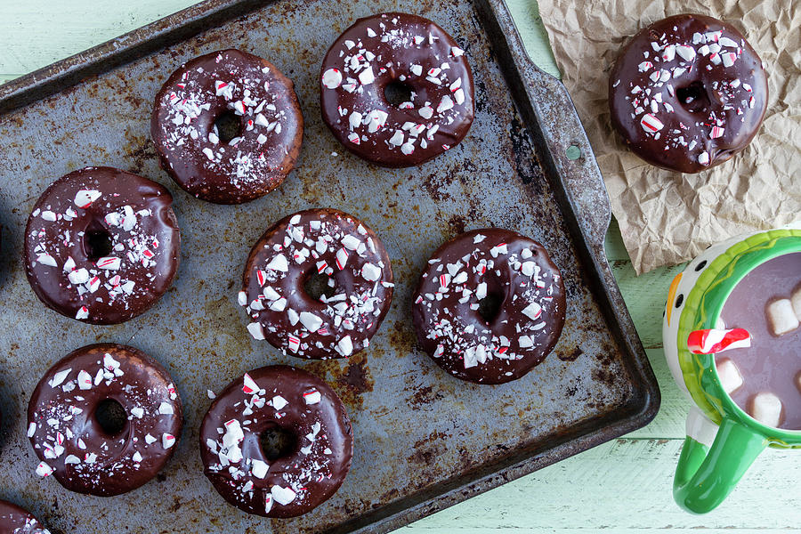 Bread Photograph - Double Chocolate Peppermint Iced Donuts by Teri Virbickis