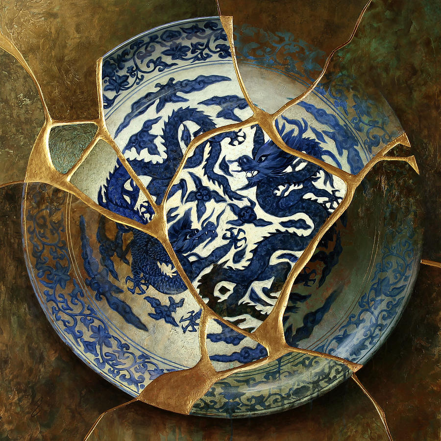 Kintsugi Painting - Double Dragon - Chinese Charger, ca.1500s by Bruno Capolongo