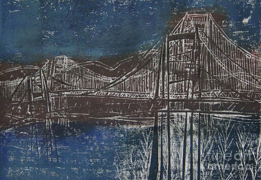 Double Golden Gate Bridge Blue and Brown Dry Point And Woodcut Print Mixed Media by Marina McLain