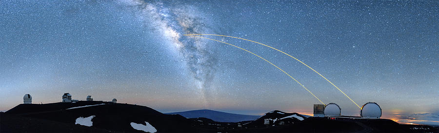 Double Lasers with the Milky Way Panorama Photograph by Jason Chu