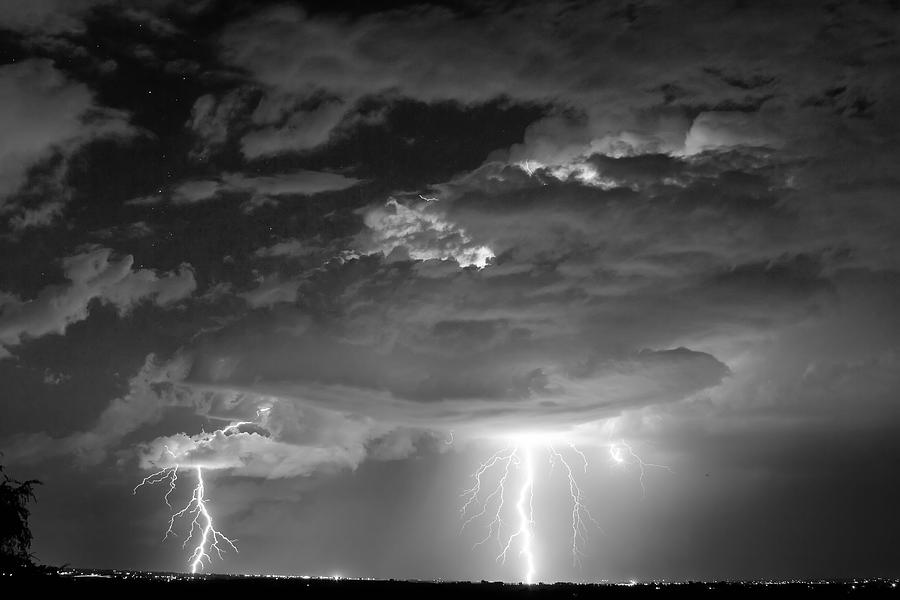 Double Lightning Strikes In Black And White Photograph
