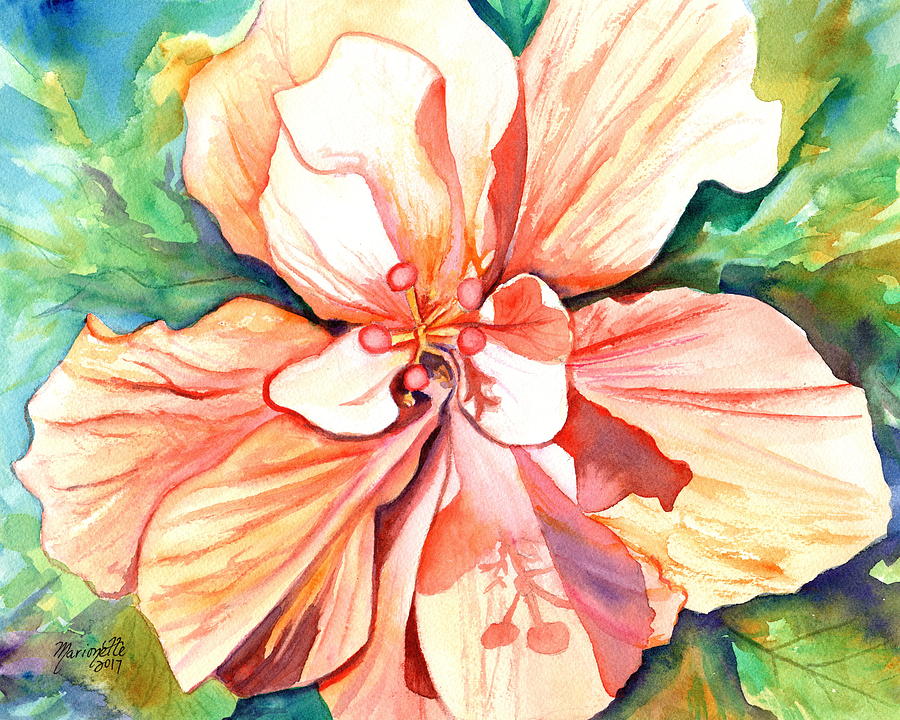 Double Peach Tropical Hibiscus Painting by Marionette Taboniar