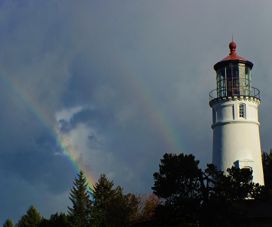 Double Rainbow and Lighthouse Photograph by Adria Trail