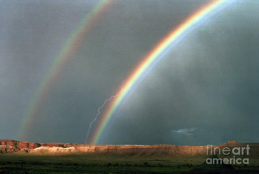 Double Rainbow And Lightning-Signed Photograph by J L Woody Wooden