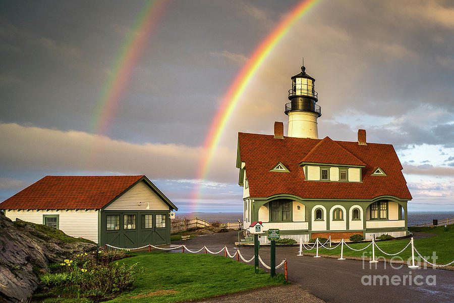 Double Rainbow at Portland Head Light Photograph by Benjamin Williamson