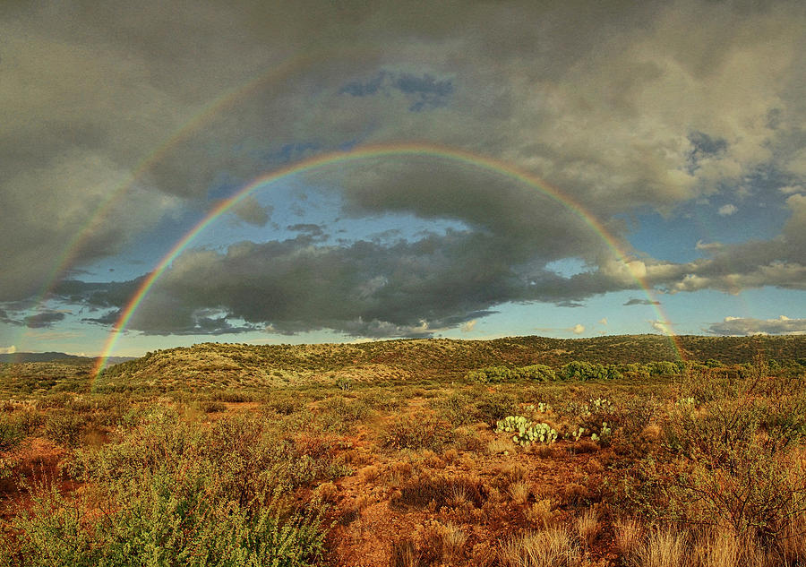 Double Rainbow Over Desert txt Photograph by Theo OConnor