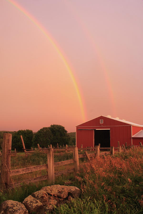 Double Rainbow over Red Barn Photograph by John Burk