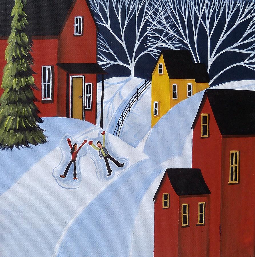 Double Snow Angels - folk art landscape winter Painting by Debbie Criswell