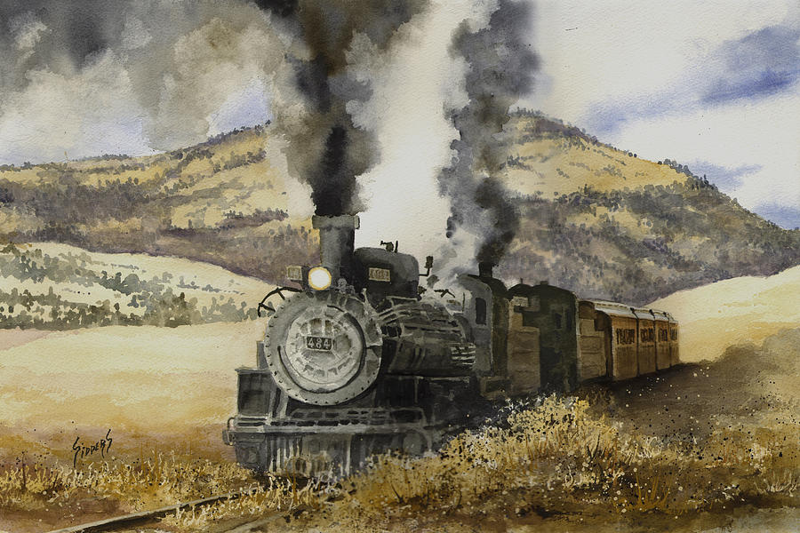 Train Painting - Double Teamin to Cumbres Pass by Sam Sidders