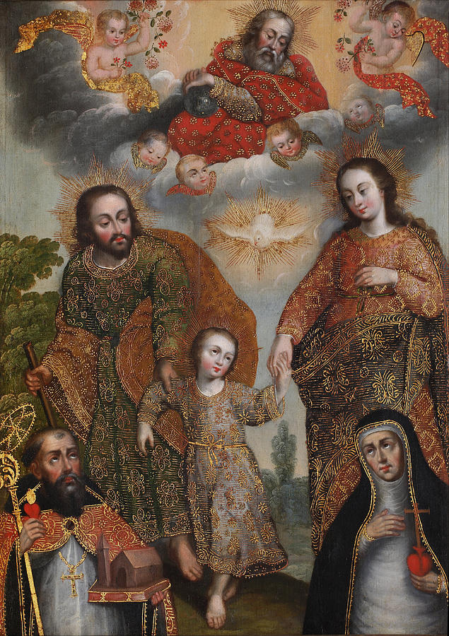 Double Trinity with Saint Augustine and Saint Catherine of Siena Painting by Cuzco School