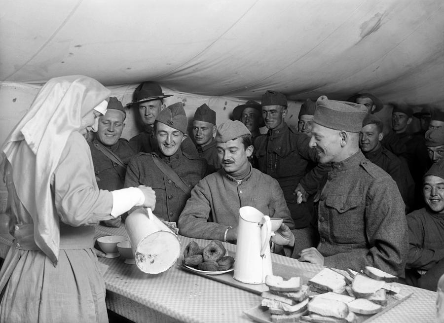 Doughboys Eating Doughnuts - WWI France - 1918 Photograph by War Is Hell Store