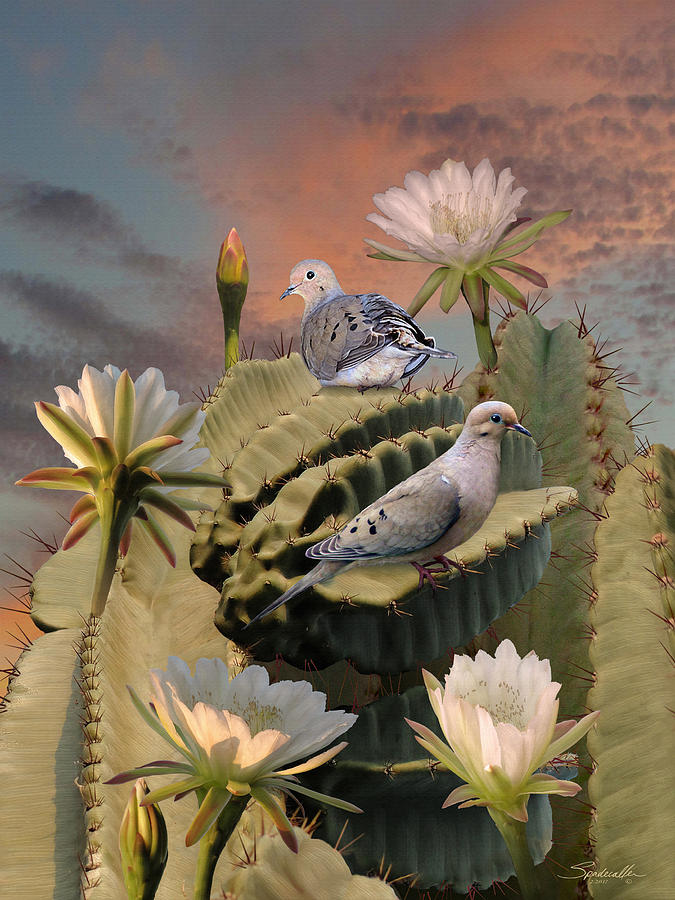 Doves and Peruvian Apple Cactus Digital Art by M Spadecaller