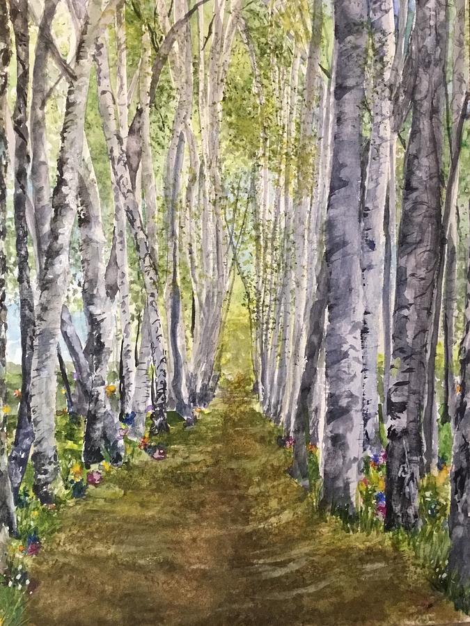 Down a Birch Lined Path Painting by Cheryl Wallace