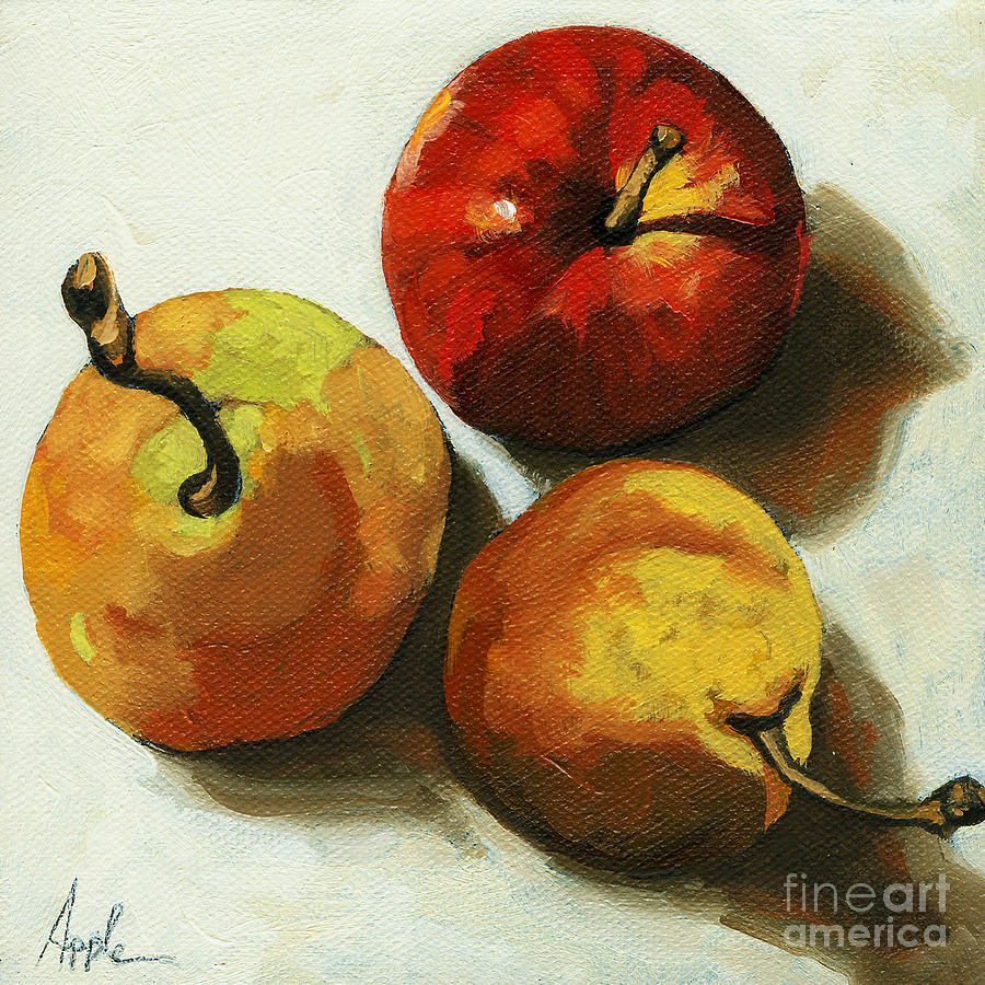 Down on Fruit - pears and apple still life Painting by Linda Apple